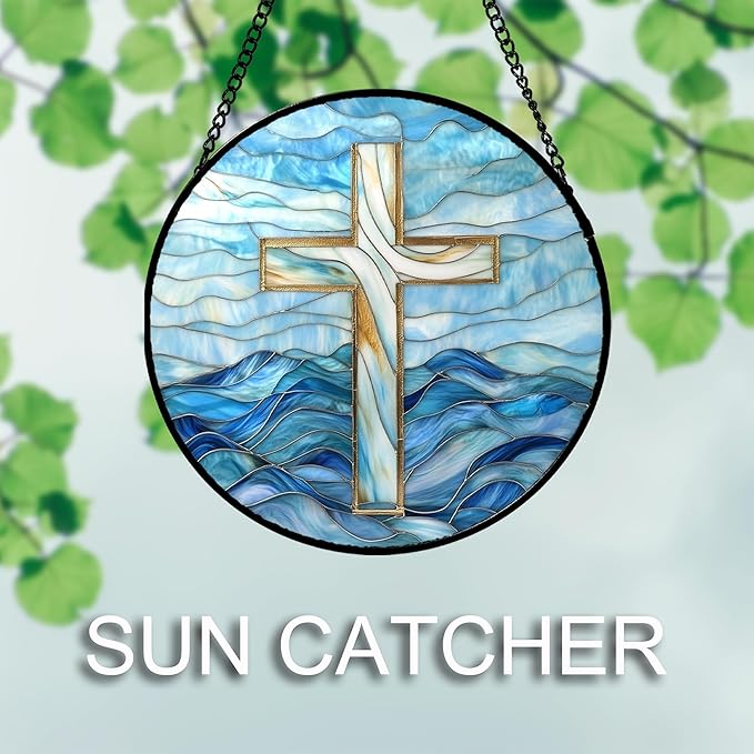 Christian Gifts for Women - Blue Cross Stained Glass Window Hanging Jesus Easter Ocean Waves Sun Catcher Garden Religion Decor Mother's Day Catholic Gift for Men Grandma Mom Her Nana 11.8"