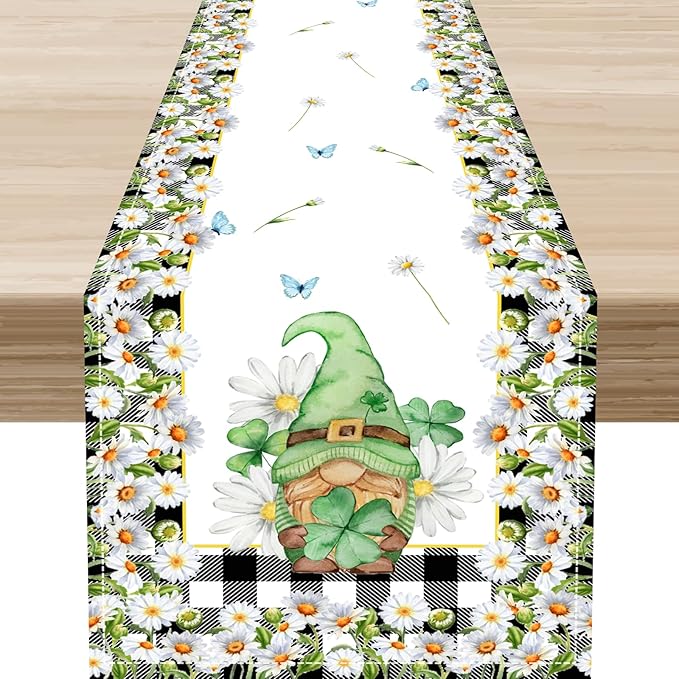 Daisy Gnome Table Runner, Butterfly Truck Buffalo Plaid Yellow Summer Farmhouse Decor for Family Kitchen Farmhouse Holiday Party Table Decorations Indoor Outdoor 13x36 inch