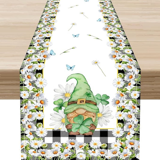 Daisy Gnome Table Runner, Butterfly Truck Buffalo Plaid Yellow Summer Farmhouse Decor for Family Kitchen Farmhouse Holiday Party Table Decorations Indoor Outdoor 13x72 inch