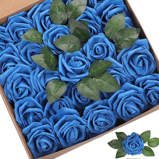 Artificial Flowers Roses 50pcs Blue Roses Wedding Decoration Real Looking Fake Roses w/Stem for DIY Wedding Bouquets Centerpieces Arrangements Party Baby Showers Home Decorations (Royal Blue, 50 pcs)