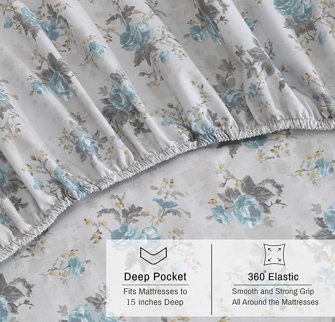RUVANTI 100% Organic Cotton Sheets Full Size, Percale Weave, GOTS Certified, 4-Piece Set, Deep Pocket 15", Crisp & Breathable, Soft Durable Bedding, Sábanas Algodón Orgánico – Blue Rose
