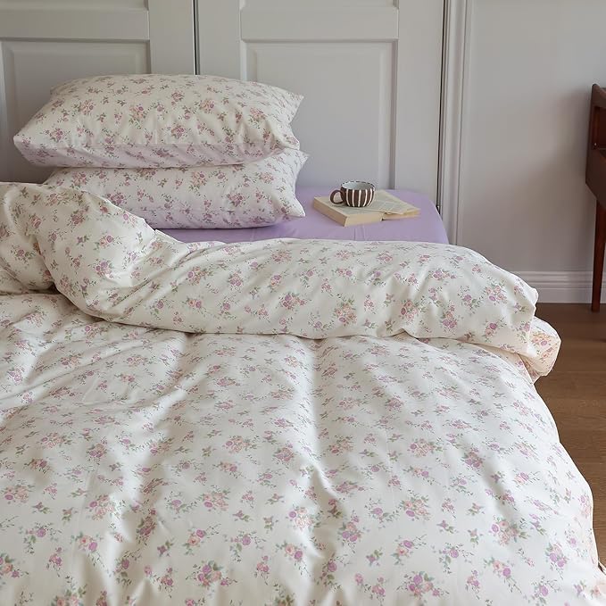 EAVD Girls Floral Duvet Cover Twin Soft Cotton Chic Shabby Pink Purple Floral Bedding Set with 2 Pillowcases Reversible Garden Botanical Duvet Cover with Zipper Closure
