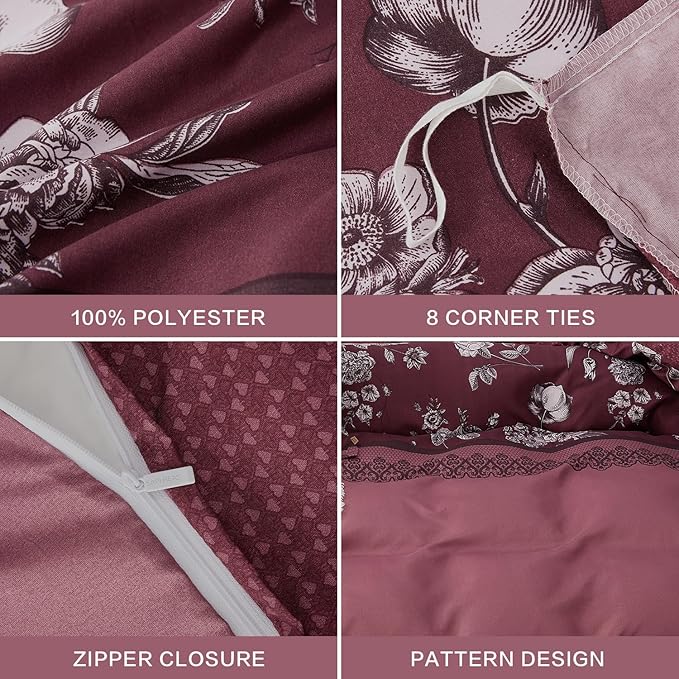 SAPHREAS Red Floral Duvet Cover Set Full Size Retro Style 3pcs Vintage Botanical Flower Microfiber Bedding Set 1 Duvet Cover with Zipper Ties 2 Pillow Shams (No Duvet Insert)