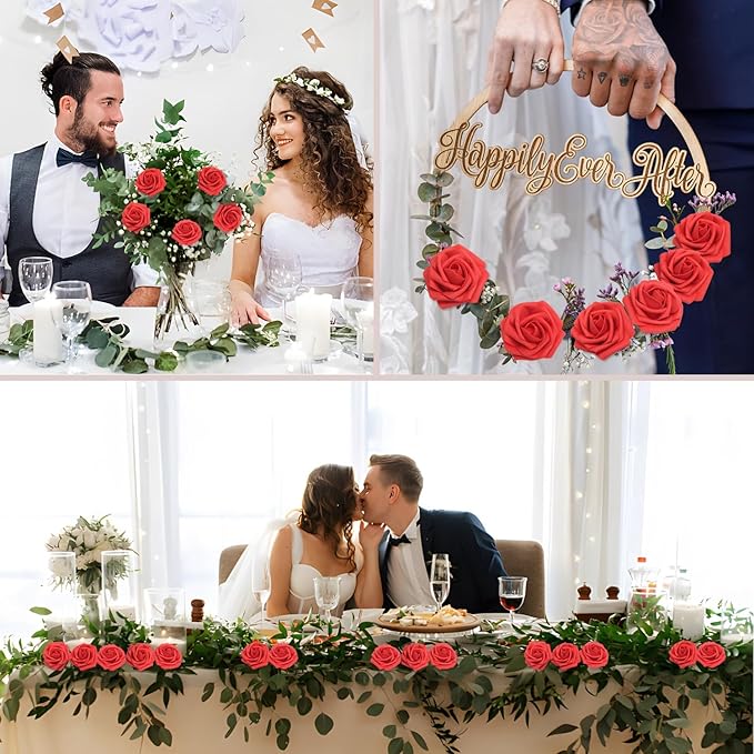 200PCS Red Artificial Flowers Roses Real Looking Foam Fake Roses with Leaves for DIY Wedding Bouquets Bridal Shower Party Decorations (Red, 200)