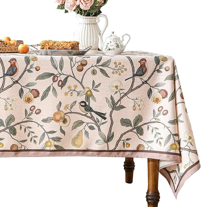 Linen Table Cloth Rectangle,Wrinkle Resistant French Pink Tablecloth Print with Froal,Decor Stitch Table Cloth for Thanksgiving,Dining Room,Home,Kitchen 55" × 71"-Dewey A