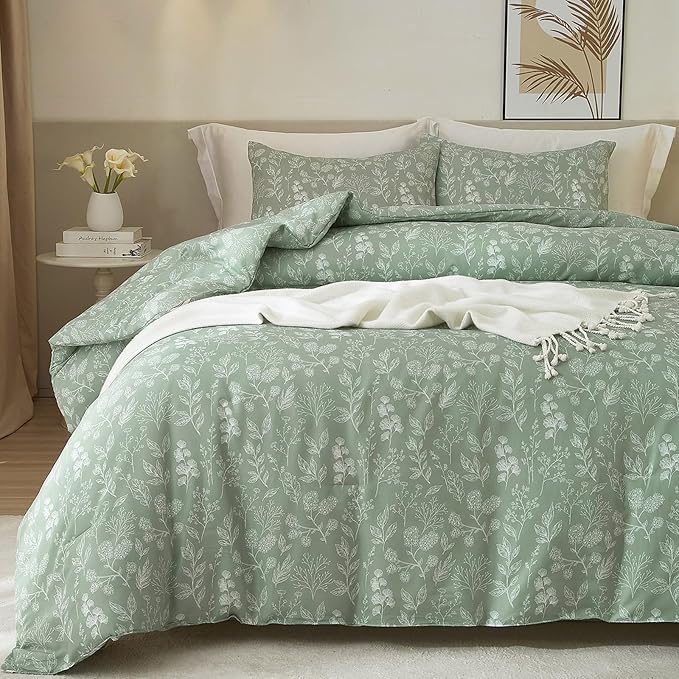 HighBuy Queen Comforter Set Sage Green Floral Boho Comforter Set Kawaii Toddler Bedding Set Queen Size Soft Bedding for Women Girls Comforters Queen Bed Set 3 Piece,1 Comforter and 2 Pillowcases