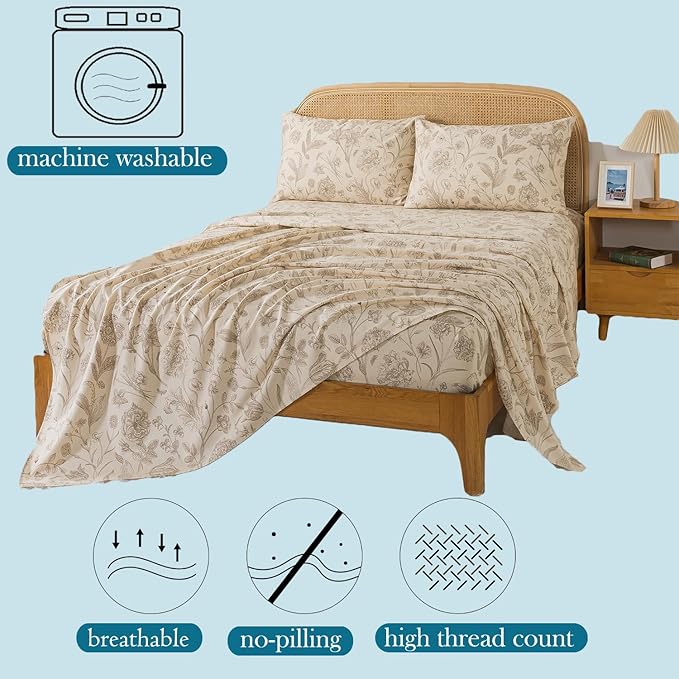Zusbest California King Size Sheet Sets 100% Percale Cotton Beige Floral Bed Sheet, Brushed Extra Softness, Breathable Toile Flannel Sheets Like Khaki Flower Print Deep Pocket Sheets 17.5'' 4 Pcs