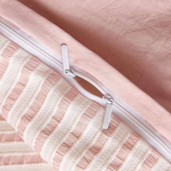 Striped Duvet Cover Set Queen Pink Washed Microfiber Jacquard 3 Pieces Bedding Set, White Pink Vertical Ticking Stripes Pattern Comforter Cover with Zipper Closure Breathable Durable Soft Comfy