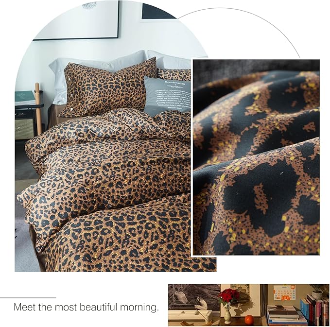 Leopard Print Comforter Set Full Size Animal Cheetah Printed Comforter Set 3 Pieces Fluffy Soft Microfiber Brown/Black Floral Bedding Set Farmhouse Boho Bed Comforter with 2 Pillowcases for All Season