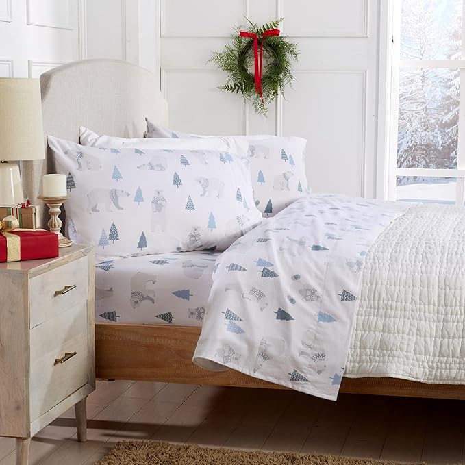 Market & Place 100% Turkish Cotton Flannel Sheet Set | 4 Piece Deep Pocket Novelty Cozy Winter Bed Sheets | Double Brushed for Extra Softness & Comfort | Alpine Collection (Full, Polar Bears)