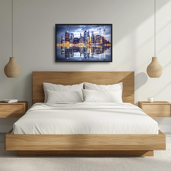 New York City Large Wall Art Framed Wall Decor for Living Room, Manhattan Skyline at Night Pictures Oversized Canvas Print Painting Modern Extra Large Framed Artwork for Bedroom Office 36"x24"