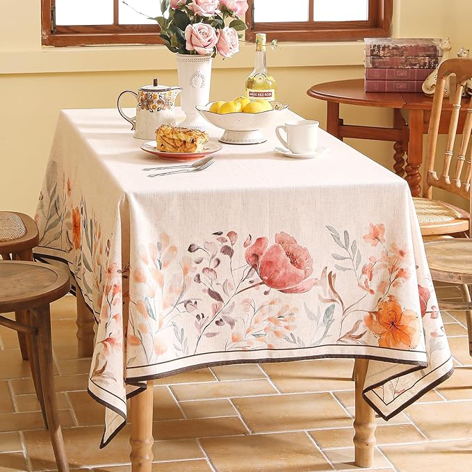 Linen Small Rectangle Tablecloth,French Pink Floral Pattern Wrinkle Free Table Cloth,Decorative Table Cover for Kitchen,Dining,Tea Party,Thanksgiving,Christmas,55"*71"-Sloosa
