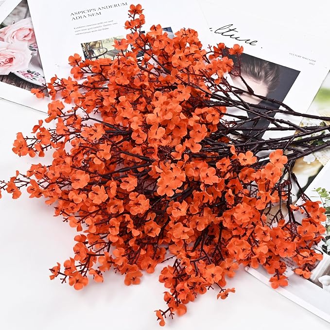 Yastouay Fake Fall Flowers Thanksgiving Table Decor, 5Pcs Fall Orange Faux Artificial Flowers for Decorations, Babys Breath Artificial Flowers Bulk for Thanksgiving Fall Decor Floral Arrangement