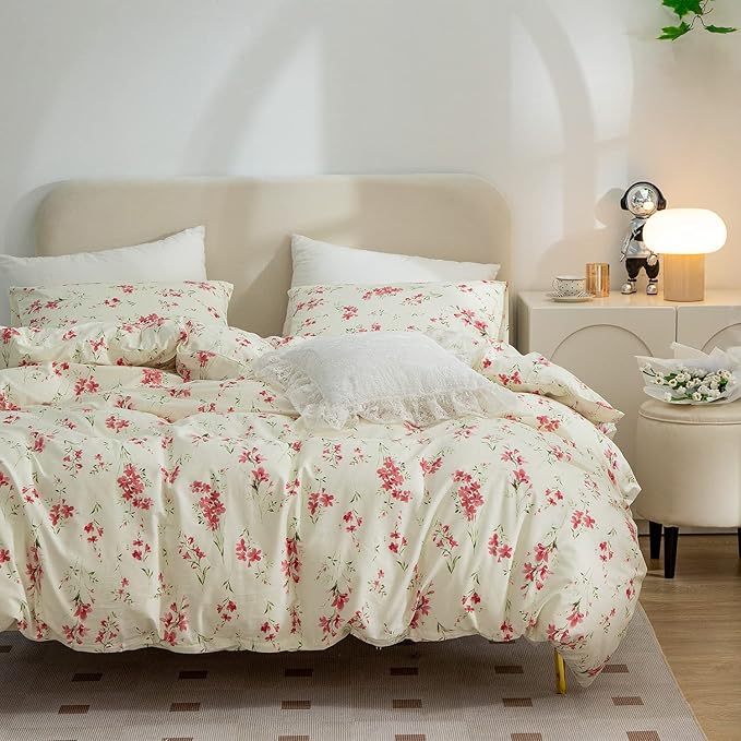 Comforter Set King Floral Soft Bedding Comforter 3 Pieces Lightweight Garden Style Red Flower Print Botanical Flowers Comforter Set 1 Comforter and 2 Pillowcases (Floral, King)