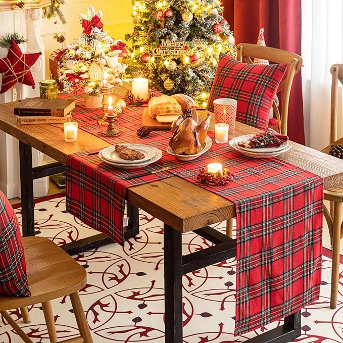 Red Green Plaid Christmas Table Runner, Winter Holiday Table Runners 72 inches Long, Xmas Decorations Indoor Outdoor Farmhouse Home Kitchen Dining Party Decor