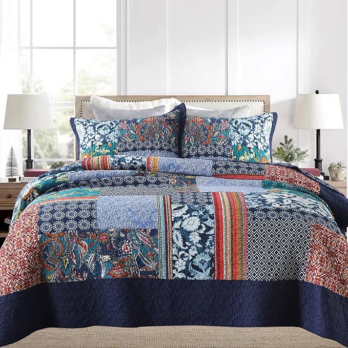 Yvooxny King Quilt Set Reversible Lightweight Bohemian Paisley Patchwork Cotton Quilted Bedspread Coverlet Set 3-Piece Bedding Set with Pillowcases for All Seasons, King Size, 108 * 96 Inches