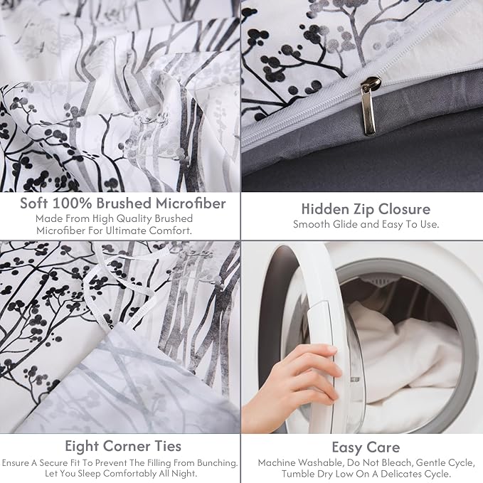 LONAVA King Botaincal 3 Pcs Duvet Cover Set, Breathable Soft Microfiber Deep Grey Lining Comforter Cover with Zipper Closure, and 2 Anti-Pilling, Fade Resistant Pillowcases, Winter Forest