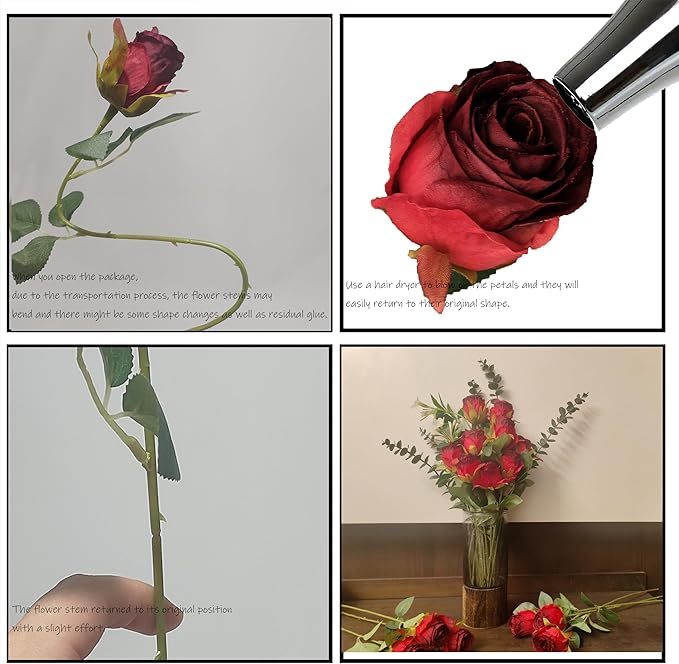 Artificial Roses 10 Pcs - Lifelike Single Stem Fake Roses with Natural Petal Texture,Fade-Resistant Silk Flowers for Wedding Decor,Home Vase Arrangements,Party Centerpieces(10, Red)