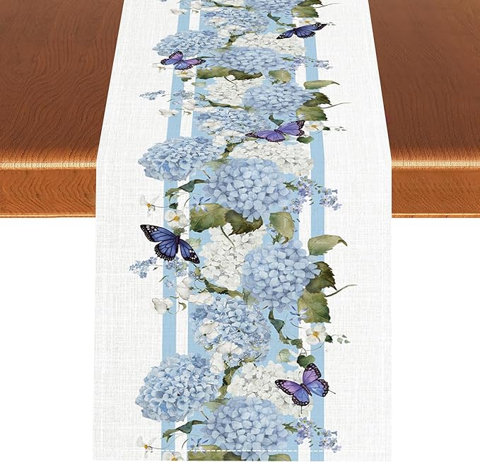 Blue Floral Table Runner, Spring Summer Watercolor Hydrangea Flower Butterfly Country Farmhouse Coffee Table Center Decor for Home Kitchen Dining Patio Holiday Party Table Decorations 13x72 inches