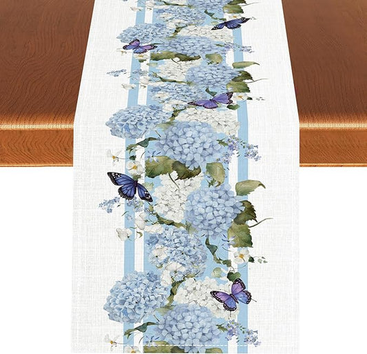 Blue Floral Table Runner, Spring Summer Watercolor Hydrangea Flower Butterfly Country Farmhouse Coffee Table Center Decor for Home Kitchen Dining Patio Holiday Party Table Decorations 13x72 inches