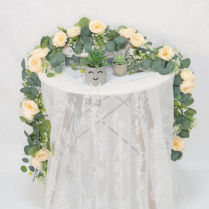 TOCHGREEN 4 Pack 24Ft Artificial Eucalyptus Flower Garland with Champagne Roses, Fake Rose Flower Greenery Garland Floral Vines for Wedding Home Party Table Runner Decor (4PCS, Champagne)