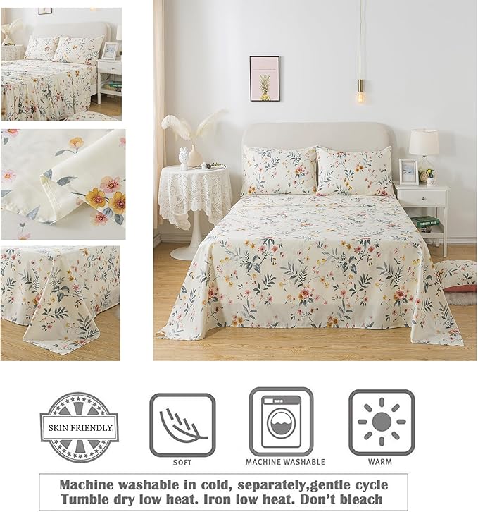 FADFAY Floral Sheets Set Twin Vintage Pink Floral Bedding Shabby Beige Elegant Botanical Sheets Rustic Farmhouse Bedding 800 Thread Count 100% Egyptian Cotton Deep Pocket Fitted Sheet 4Pcs, Twin Size