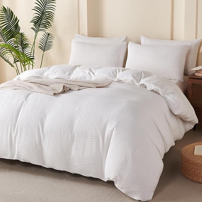 Queen Duvet Cover Striped White - Soft Luxury Washed Jacquard Microfiber 3 Pieces Bedding Set for All-Season with Zipper Closure & Corner Ties, Lightweight Comfort Breathable (No Comforter)
