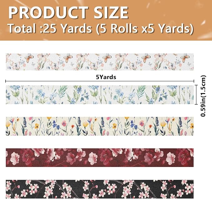 Butterfly Florals Fabric Ribbon for Gift Wrapping Crafts Flower Bouquet Wedding Party Decorative Assorted Patterns 5 Yards×5 Rolls