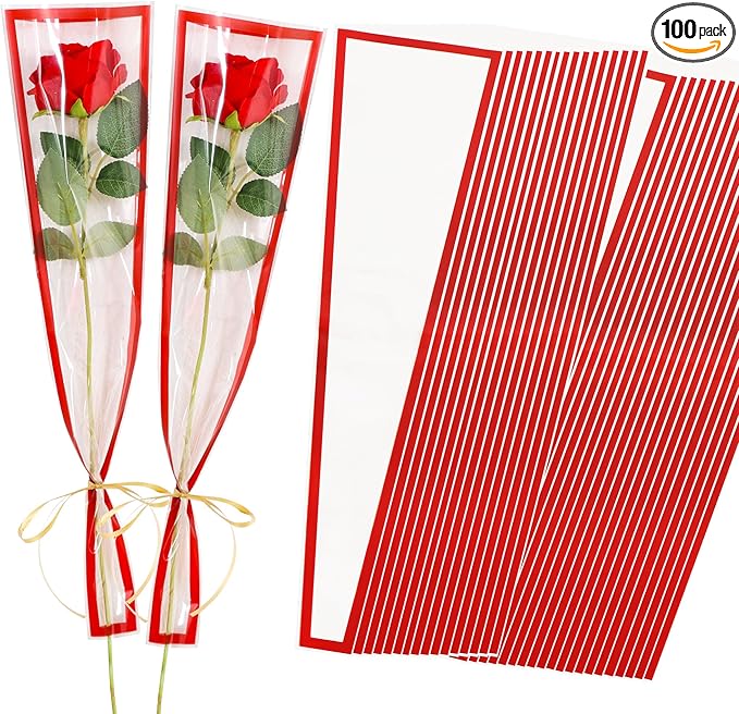 BEISHIDA 100 PCS Single Rose Sleeve Single Flower Wrapping Bags Single Rose Packaging Cellophane Flower Sleeves for Florist Bouquet Supplies, Mother's Day, Valentine's Day,Wedding Gift(Black Edge)