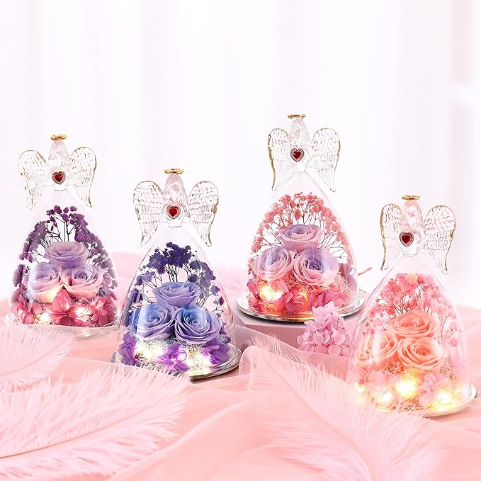 Mothers Day Rose Gifts for Women, Large Angel Figurines with Real Roses, Preserved Real Flower Rose for Her, PinkPurPur