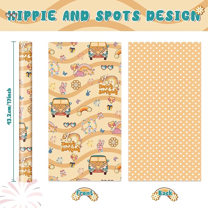 WERNNSAI Groovy Hippie Wrapping Paper - 1 Roll 17” x 33 ft Boho Rainbow Daisy Wrapping Paper Retro Brown Gift Packing Favor for Kids Birthday Vintage Theme Party Supplies Reversible Polka Dot Design