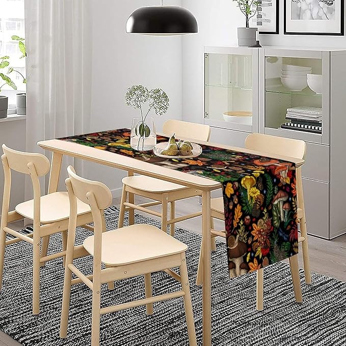 Nature Mushroom Table Runner,Retro Boho Floral Botanical Plant Forest Pattern Print Tablecloth Burlap for Hotel Indoors Outdoor Dining Room Kitchen Holiday Party, 13x80in