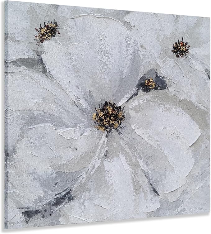 SYGALLERIER Abstract Flower Wall Art - Gray and White Floral Oil Painting with Gold Foil Embellishments - Handmade Canvas Wall Art 40x40 Inch