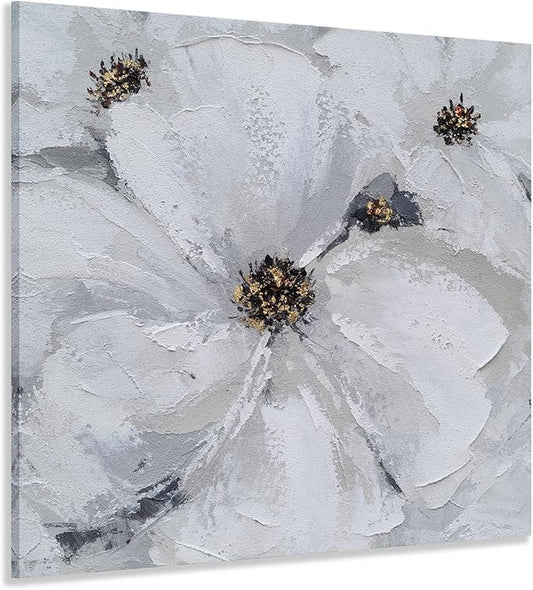 SYGALLERIER Abstract Flower Wall Art - Gray and White Floral Oil Painting with Gold Foil Embellishments - Handmade Canvas Wall Art 40x40 Inch