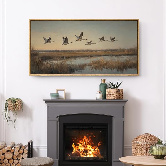 SIGNFORD Extra Large Framed Canvas Print Wall Art Flying Cranes Over Wetlands Vintage Nature Bird Scene Illustrations Modern Art Relax/Calm Warm for Living Room, Bedroom, Office - 60"x30"