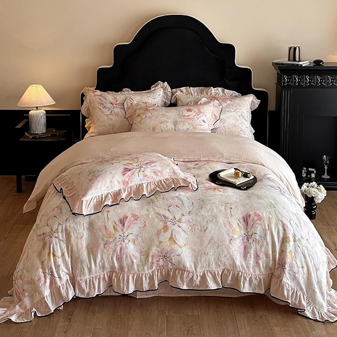 HighBuy French Ruffle Duvet Cover Queen Size,Pink Floral Chic Cottagecore Bedding Set Linen Breathable for Hot Sleepers,Yarn-Dyed Textured Comforter Cover Set - 1 Duvet Cover 2 Pillowcases