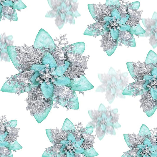 36 Pcs Christmas Glitter Artificial Poinsettia Flowers Xmas Poinsettia Artificial Wedding Flowers Decorations Xmas Tree Ornaments with Clips for Party, 6 Inch, 4 Inch, 3 Inch(Silver and Green)