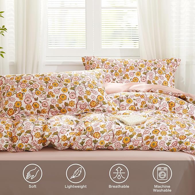 SAPHREAS Pink Floral Duvet Cover Set Queen Size Garden Style Yellow Flowers Bedding Comforter Cover Set 100% Cotton 1 Duvet Cover 90"x90" 2 Pillow Shams, Comforter Not Included