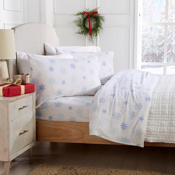 Market & Place 100% Turkish Cotton Flannel Sheet Set | 4 Piece Deep Pocket Novelty Cozy Winter Bed Sheets | Double Brushed for Extra Softness & Comfort | Alpine Collection (Full, Blue Snowflake)