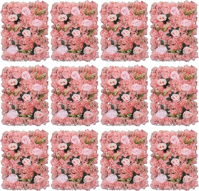 12 Pcs Artificial Flower Wall Panels, 24"x16" 3D Pink Silk Dahlia Hydrangea Rose Flowers Wall Backdrop Artificial Silk Fabric Flower Banquet Wedding Party Decor for Stage Background (Type 4)