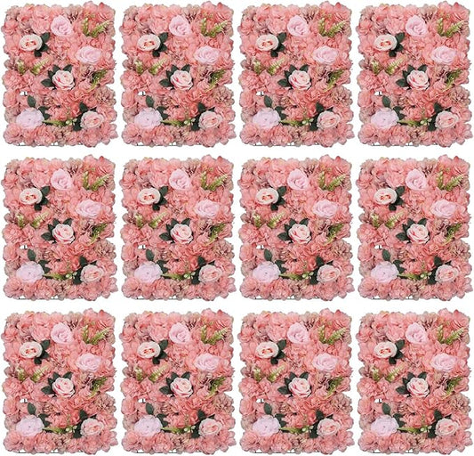 12 Pcs Artificial Flower Wall Panels, 24"x16" 3D Pink Silk Dahlia Hydrangea Rose Flowers Wall Backdrop Artificial Silk Fabric Flower Banquet Wedding Party Decor for Stage Background (Type 4)