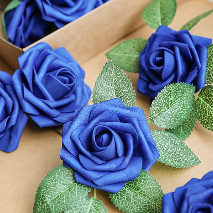 AmyHomie Artificial Flower Royal Blue Rose 25pcs Real Looking Fake Roses w/Stem for DIY Wedding Bouquets Centerpieces Arrangements Party Baby Shower Valentines Day Christmas Tree Decorations