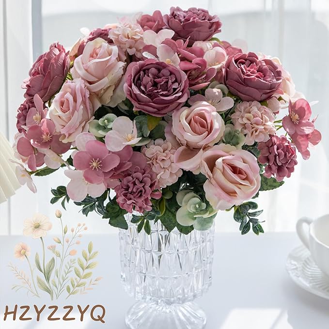 8 Pack Artificial Peony Flowers, Silk Peonies Flowers Fake Peonies Artificial Flowers Peonies Hydrangea Bouquet for Centerpiece Table Wedding Party Home Decor (8, Rose + Pink)