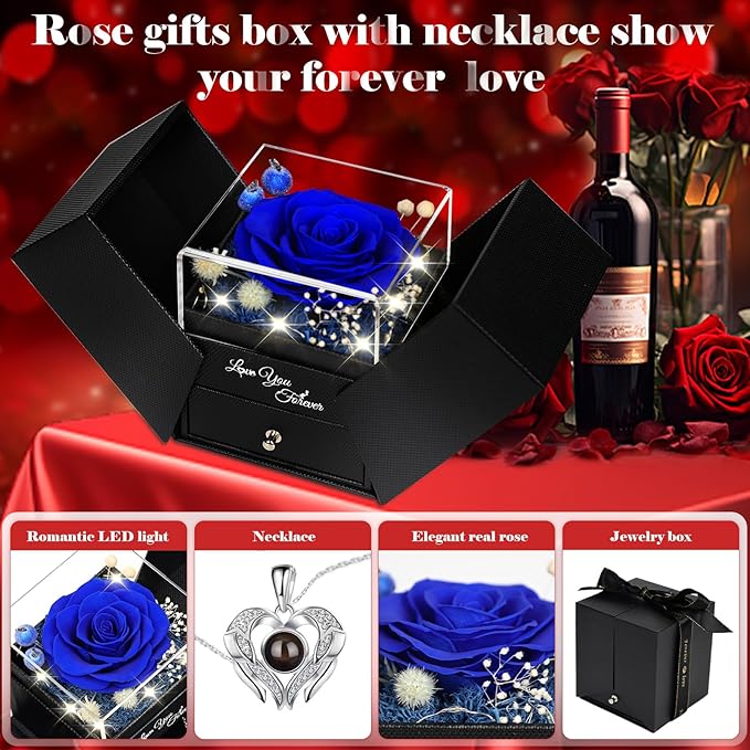 FIACO Gifts for Women Preserved Real Roses with I Love You Necklace Fresh Forever Flowers Birthday Gifts for Mom Grandma Wife Girlfriend on Anniversary Christmas Valentines Romantic Gift
