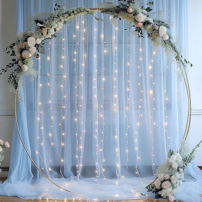 10x8ft Baby Blue Tulle Backdrop Curtain with Lights String for Parites, Sheer Backdrop Curtains for Wedding Baby Shower Birthday Party Photo Shoot Decorations