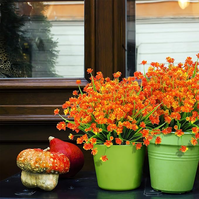 AGIRL 24 Bundles Artificial Fall Flowers Outdoor Indoor Decoration,Fake Plastic Flowers,Faux Mums Plant for Thanksgiving Fall Decor,for Hanging Outside Garden Front Door Porch Patio Window Box