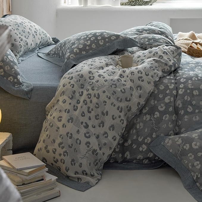 Grey Leopard Duvet Cover Set Twin XL Leopard Print Jacquard Duvet Cover with 2 Pillowcases Yarn-Dyed Linen Cotton Vintage Floral Bedding Set Wild Animal Cheetah Print Comforter Cover for Boy Girl Teen