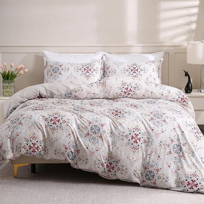 LONAVA Queen Boho 3 Pcs Duvet Cover Set, Breathable Soft Microfiber Concrete Lining Comforter Cover with Zipper Closure, and 2 Anti-Pilling, Fade Resistant Pillowcases, Cream Pasliey