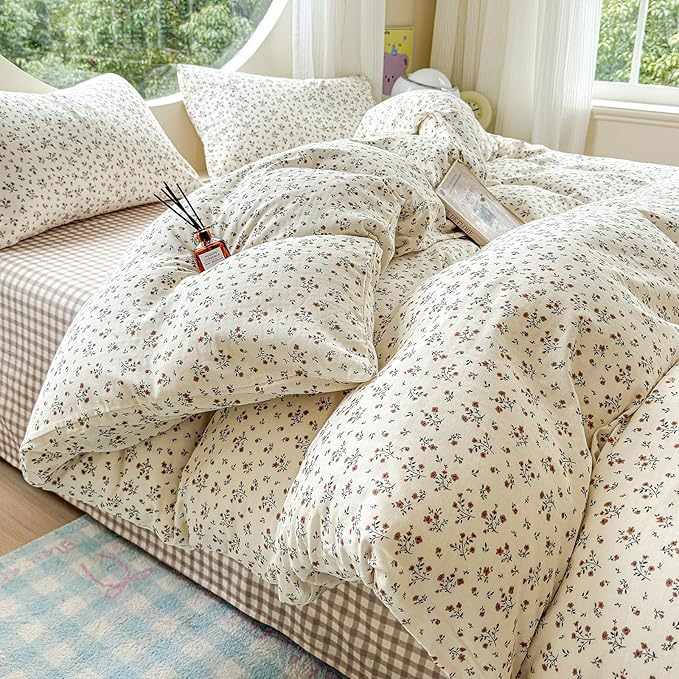 EAVD Garden Style Small Floral Duvet Cover Twin Size Soft 100% Cotton Muslin Bedding Set with Floral Print Fresh Cottagecore Botanical Pattern Duvet Cover with Zipper Closure