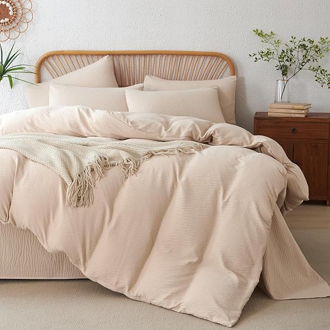 King Duvet Cover Set - 3 Piece Luxury Double-Layer Crinkle Gauze Bedding in Beige, All Season Soft Breathable Comfy Microfiber with Zipper Closure
